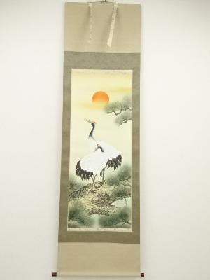 細野南洞筆　松上鶴　肉筆絹本掛軸（共箱）